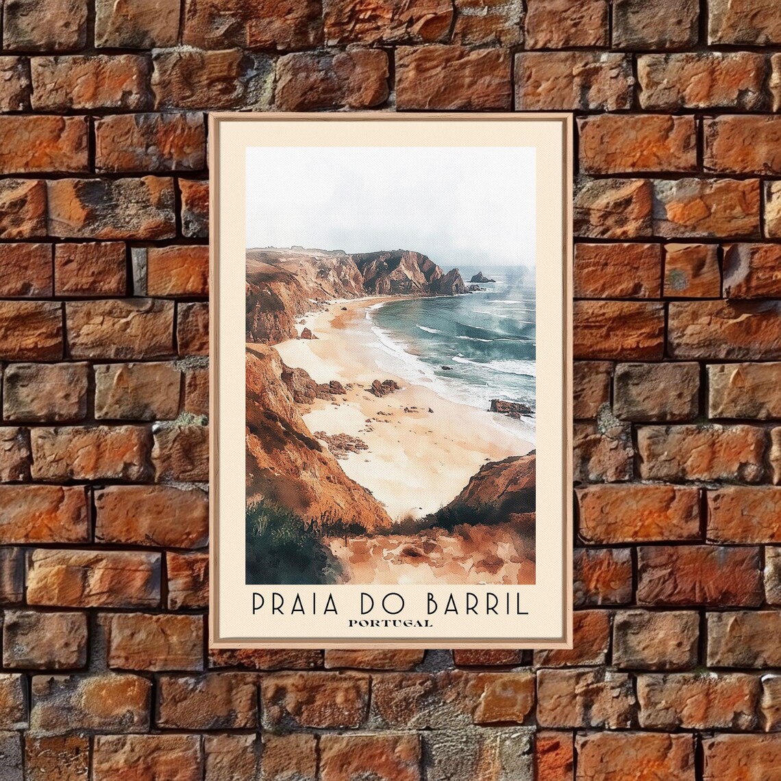 Praia do Barril Portugal Sandy Cove Between Red Cliffs Blue Surf Watercolor Poster - Image 4