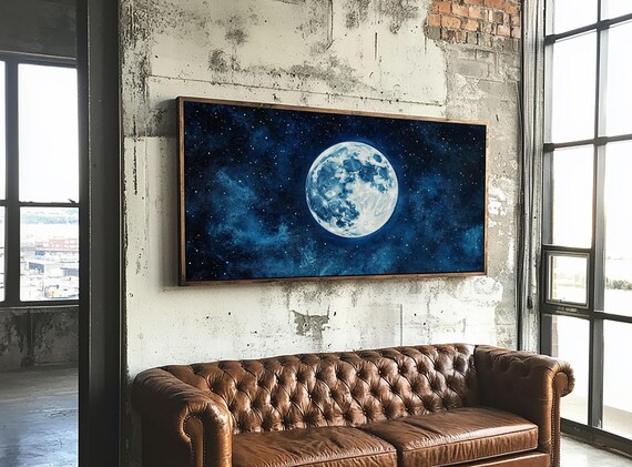 Full Moon Starry Deep Blue Night Sky Celestial Abstract Wall Art