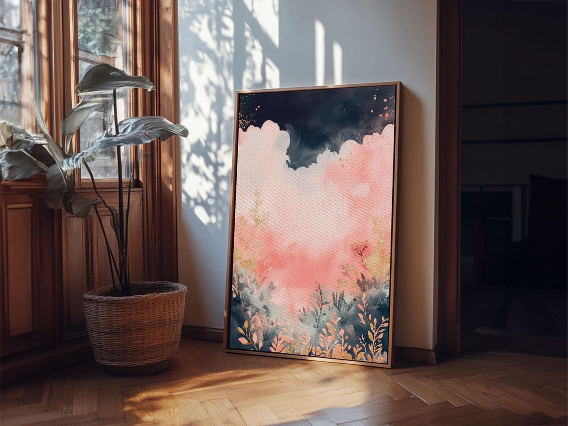 Moody Pink Cloud Sky Dark Botanical Gold Night Landscape Wall Art - Image 2