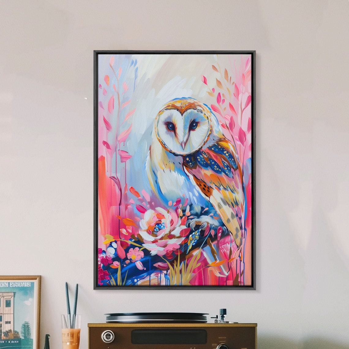 Barn Owl With Flowers In Pink Blue And Orange Colorful Art Poster