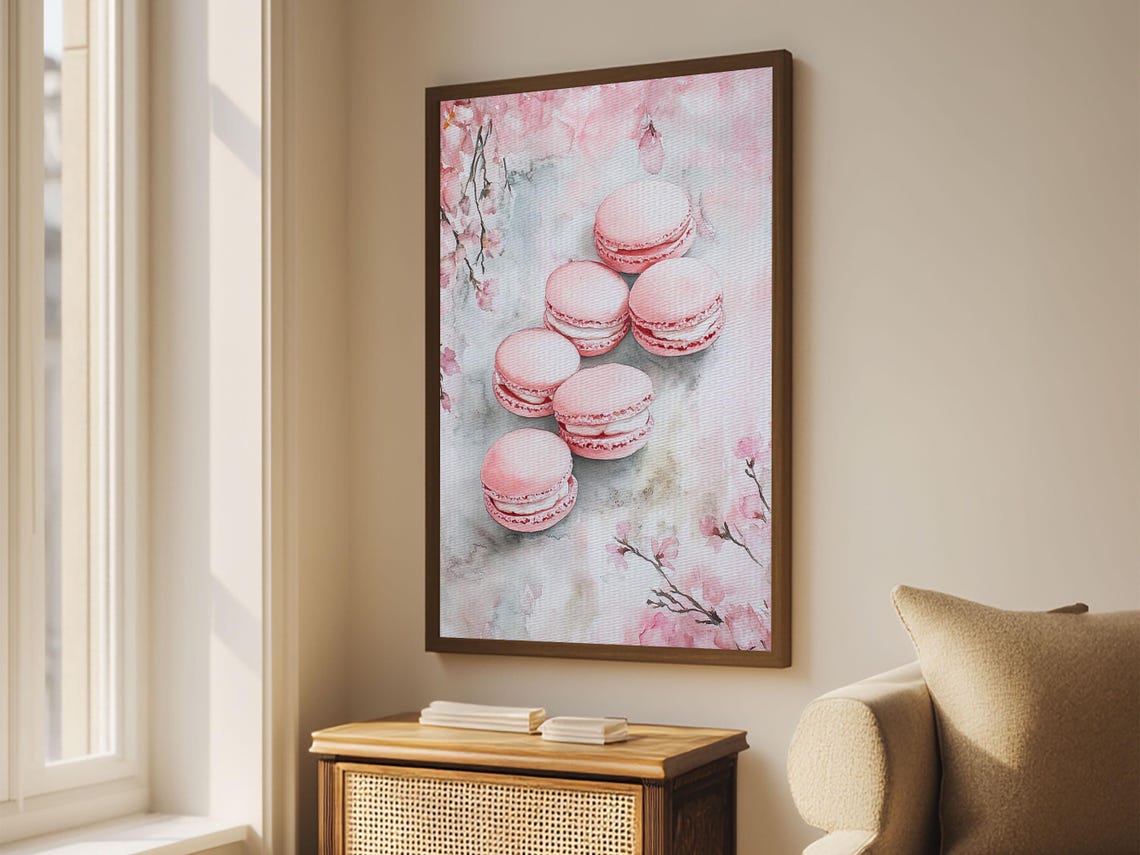 Pink Macarons Cherry Blossom Watercolor Sweet French Bakery Wall Art