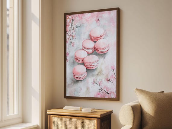 Pink Macarons Framed Print Kitchen Food Art Cottagecore Rustic Kitchen Wall Decor Feminine Bakery Inspired Artwork
