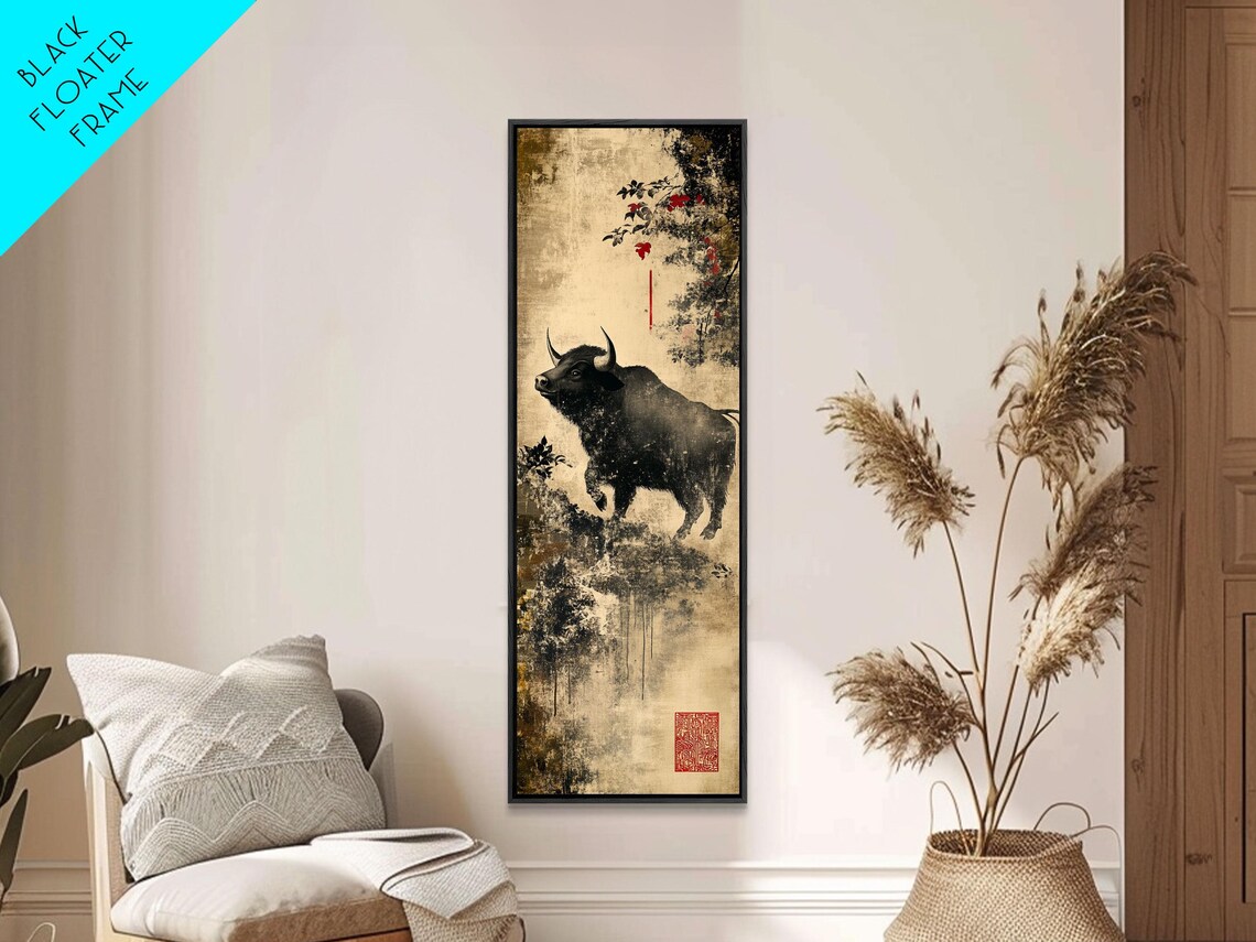 Black Buffalo Ink Painting Asian Inspired Wildlife Rustic Poster