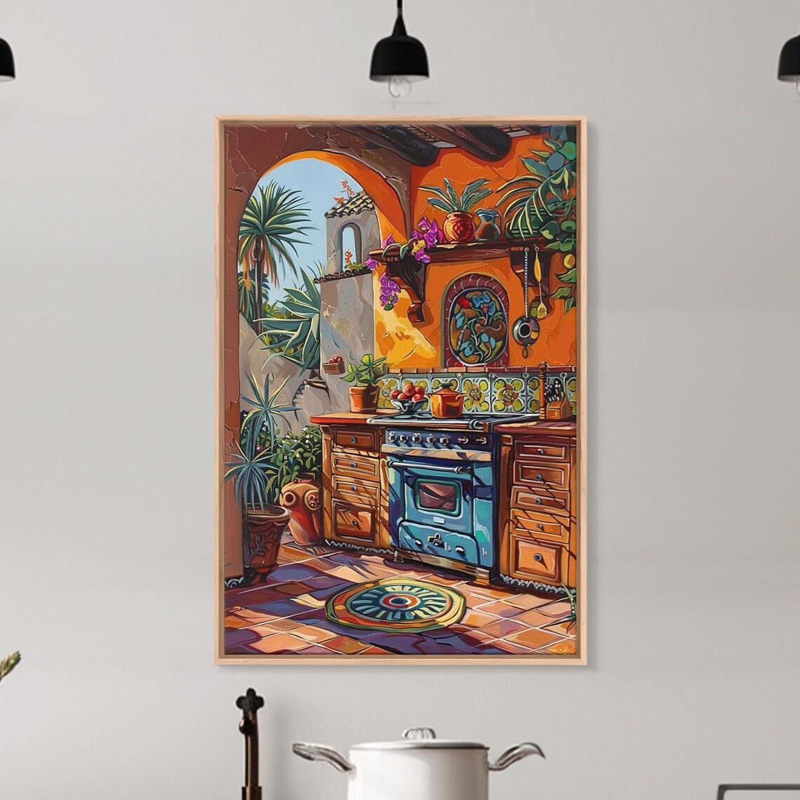 Spanish Outdoor Kitchen Blue Stove Terracotta Tiles Plants Art Print - Image 3