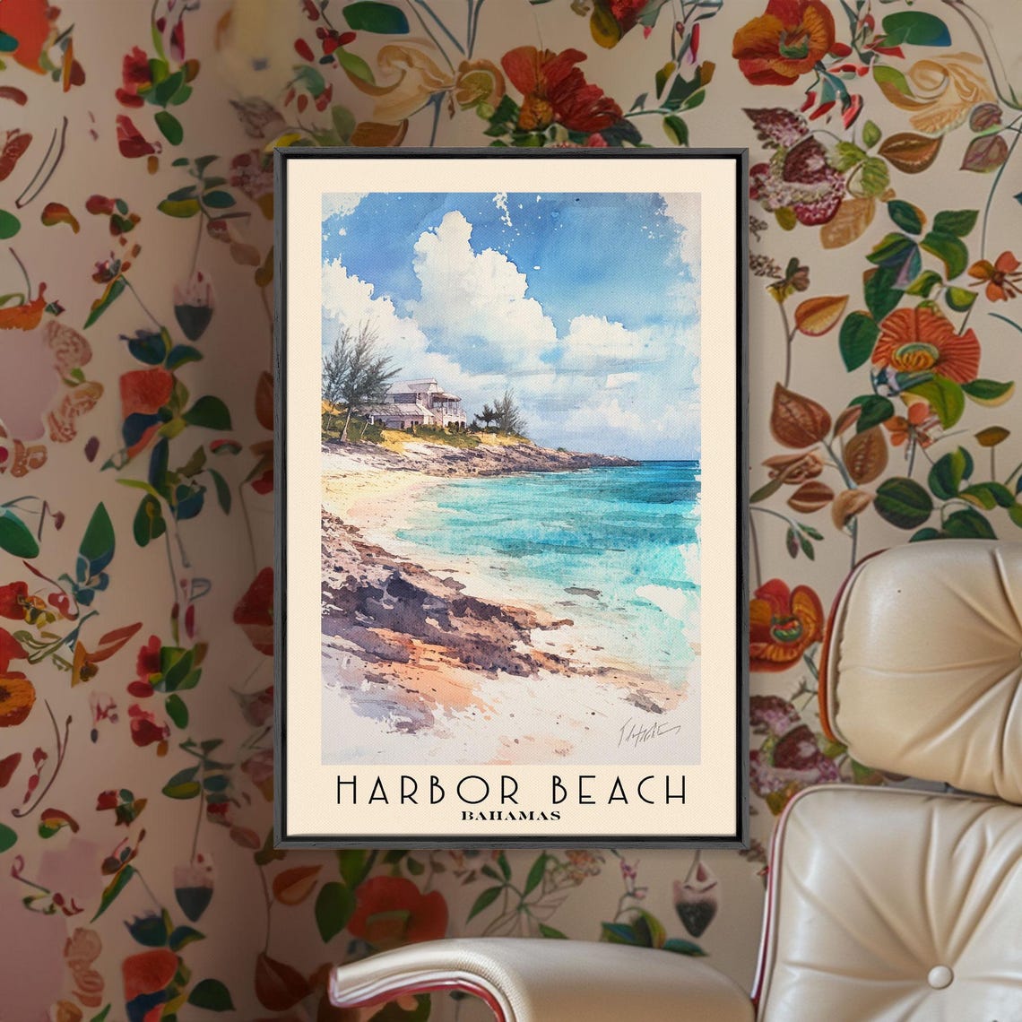 Harbor Beach Bahamas Cliffside House Turquoise Water Watercolor Poster - Image 2
