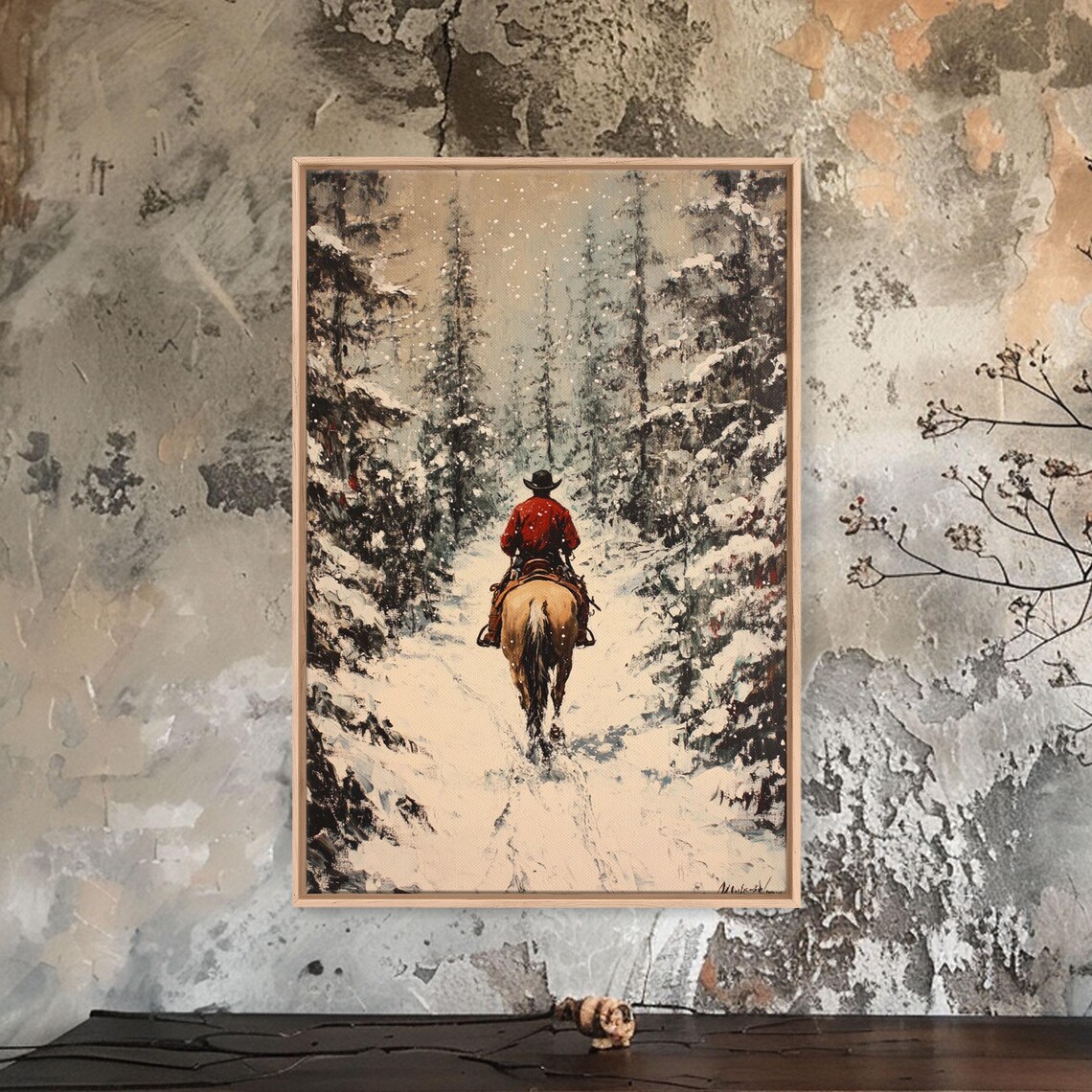 Cowboy On Horseback, Rustic Autumn Christmas Poster