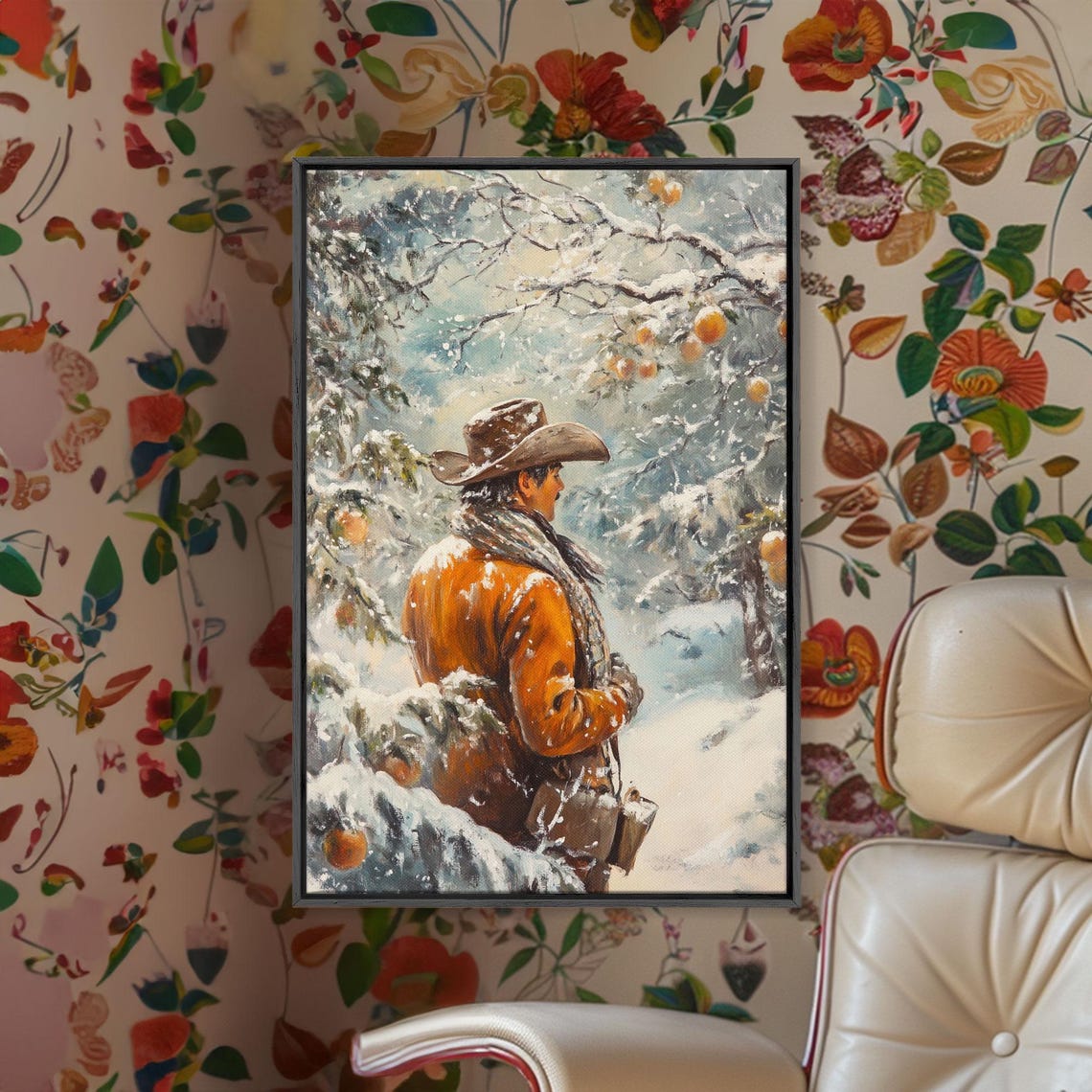Cowboy In Snowy Orchard Winter Fruit Trees Painterly Western Poster - Image 3