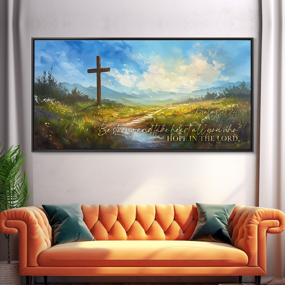 Psalms 31:24 Scripture Wall Art Be Strong Cross Meadow Christian Quote Poster - Image 5