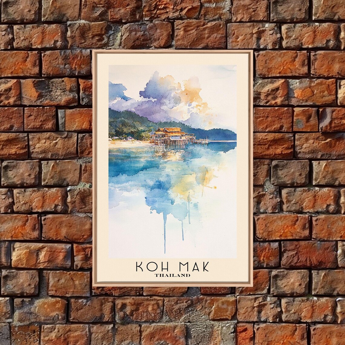Koh Mak Thailand Stilt Houses Golden Water Reflection Watercolor Poster - Image 5