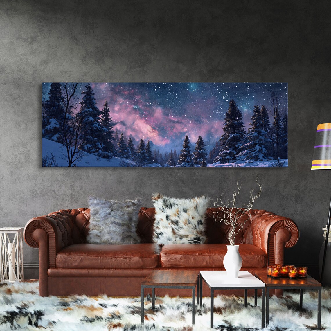 Starry Purple Night Sky Over Snowy Pine Forest Winter Wonderland Poster - Image 3
