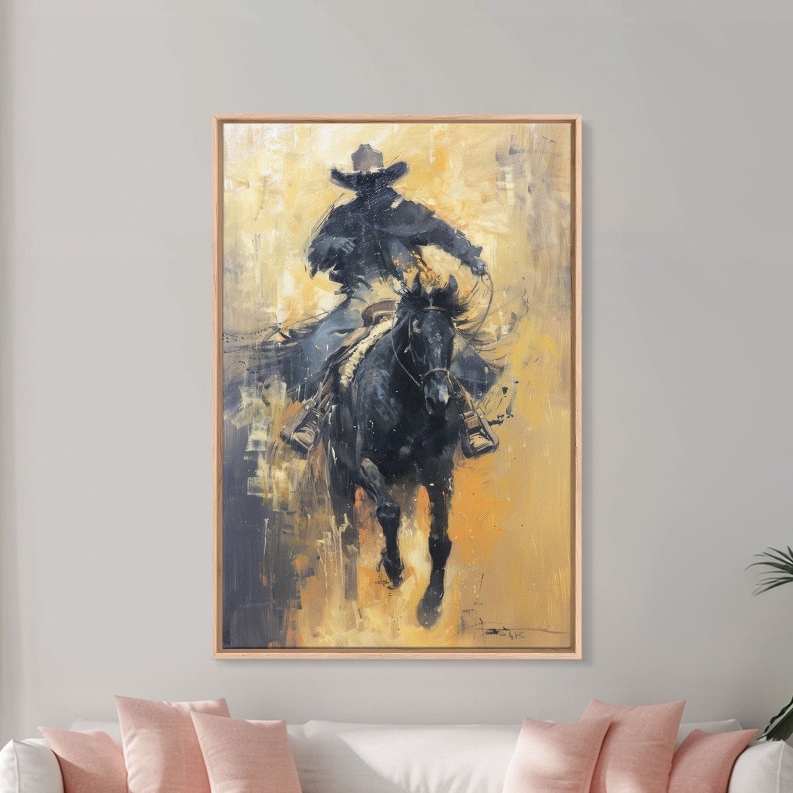 Cowboy On Charging Black Horse Painterly Western Chase Wall Art - Image 4