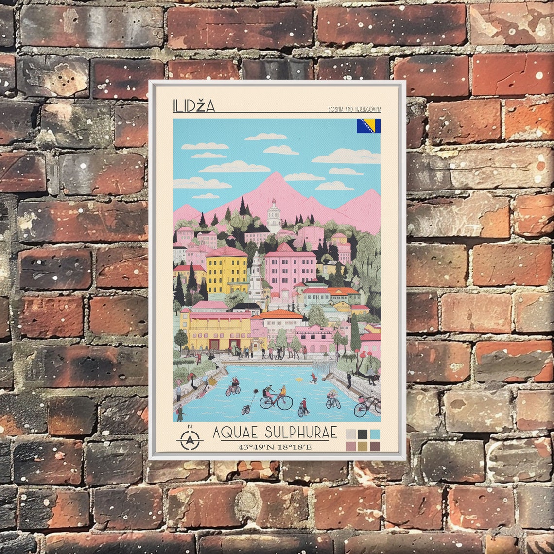 Ilidza Bosnia Spa Town Thermal Pools Cyclists Pink Mountains Poster - Image 4