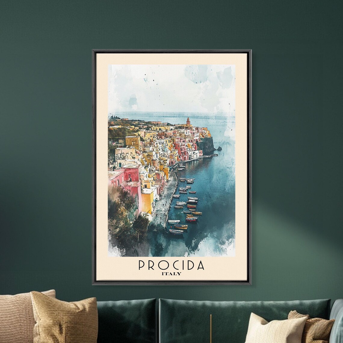 Procida Italy Colorful Harbor Boats Pastel Waterfront Watercolor Poster - Image 5
