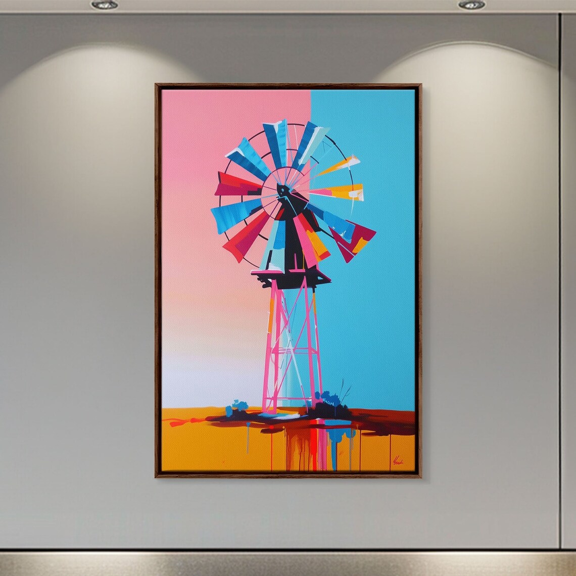 Colorful Abstract Windmill Pink Blue Farmhouse Western Poster