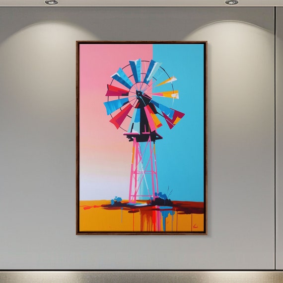 Bright Windmill Abstract Art Framed Print Whimsical Windmill Decor Colorful Farmhouse Wall Art Unique Living Room Decor