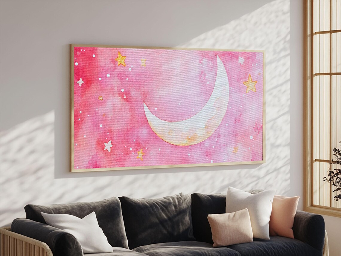 Pink Watercolor Crescent Moon And Gold Stars Celestial Night Sky Poster - Image 5