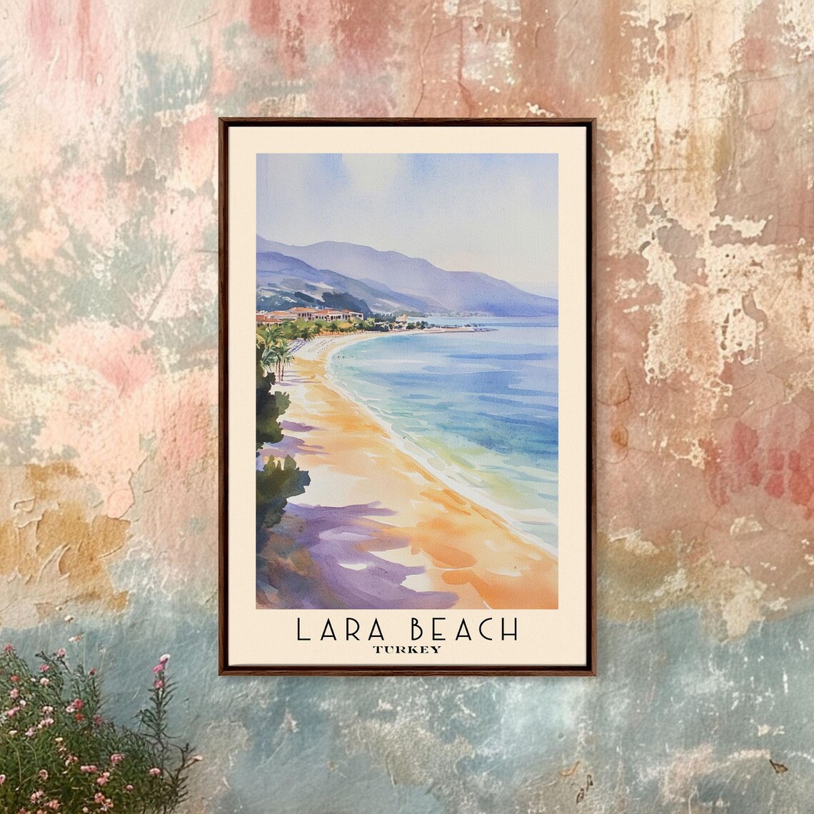 Lara Beach Turkey Golden Crescent Coast Mountain View Watercolor Poster - Image 4