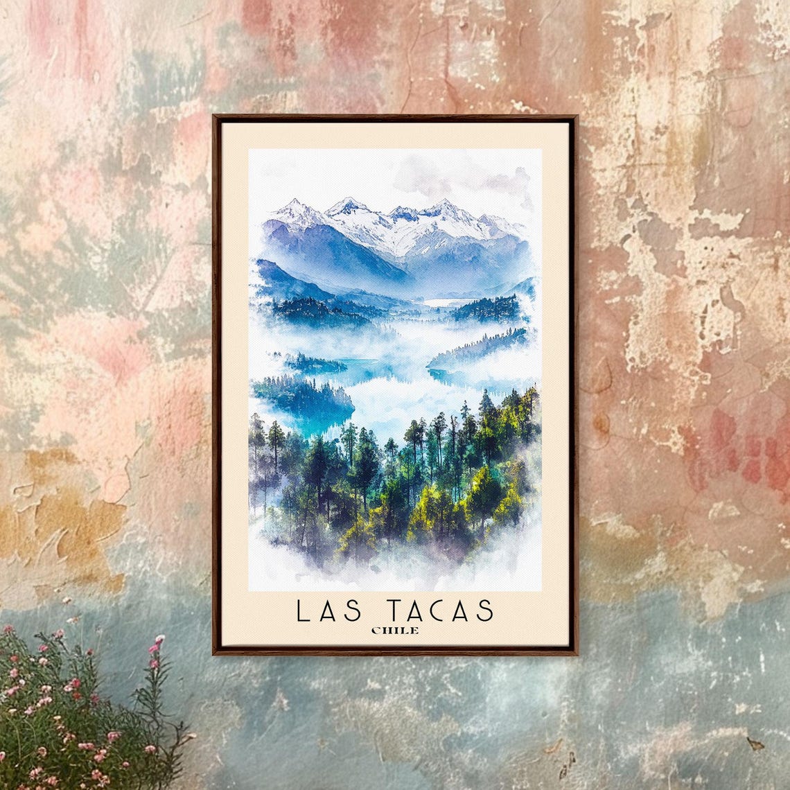 Las Tacas Chile Misty Snow Capped Peaks Pine Forest Watercolor Poster - Image 4