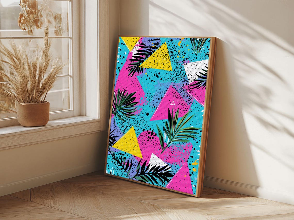 Retro 90s Neon Triangles Palm Leaves Turquoise Pink Pop Wall Art - Image 2