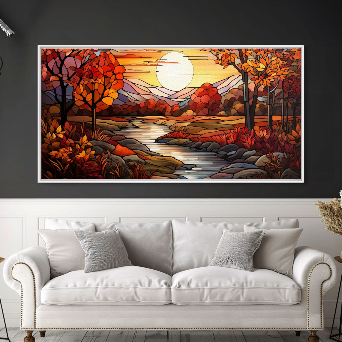 Stained Glass Autumn Valley River Sunset Fall Trees Panoramic Poster