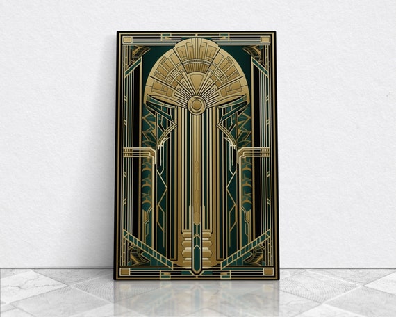 Art Deco Stained Glass Art Print, Gold Green Midcentury