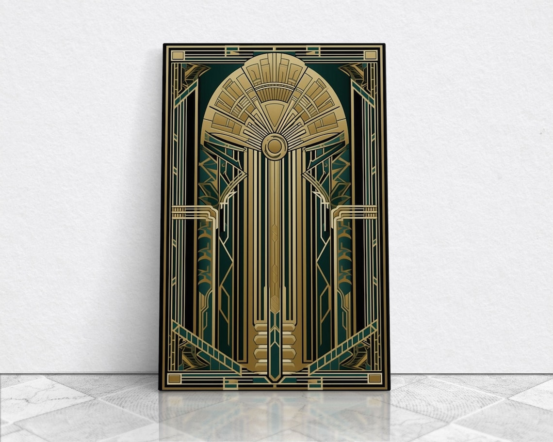 Art Deco Stained Glass Art Print, Gold Green Midcentury