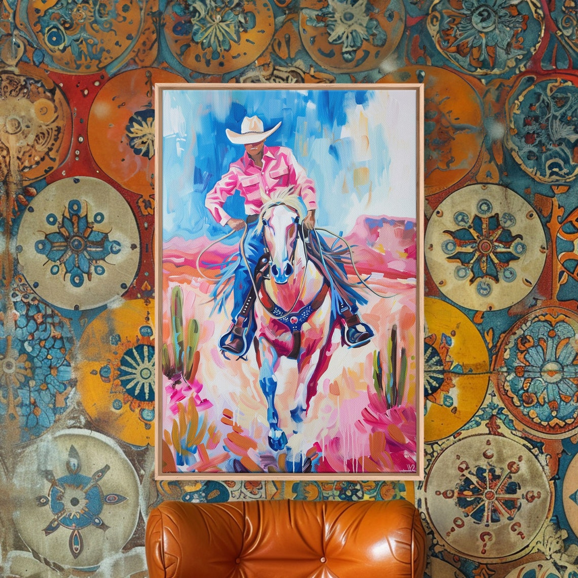 Vibrant Cowboy Riding White Horse Galloping Desert Art Poster - Image 2