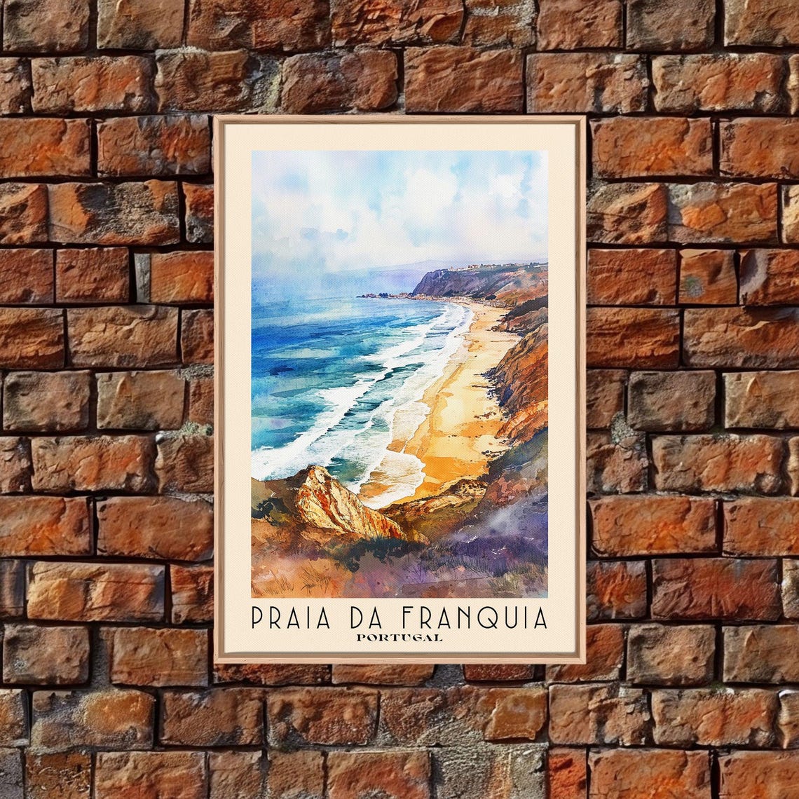 Praia Da Franquia Portugal Watercolor Print Vacation Gift Portugal Wall Art Beach Painting Beach Decor Large Wall Art Wood Frame Art - Image 4