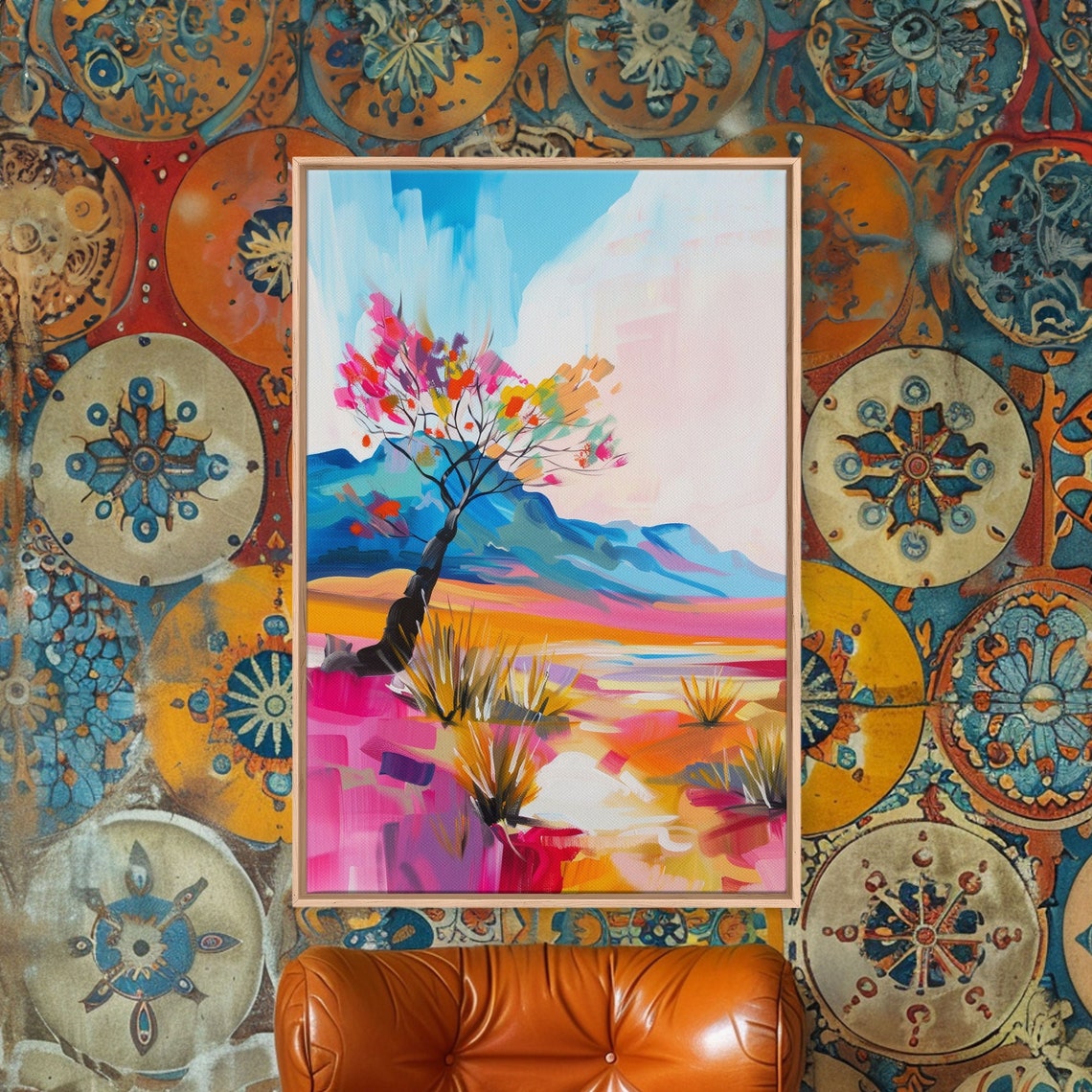 Colorful Desert Tree Blooming Mountain Oasis Landscape Art Poster - Image 3