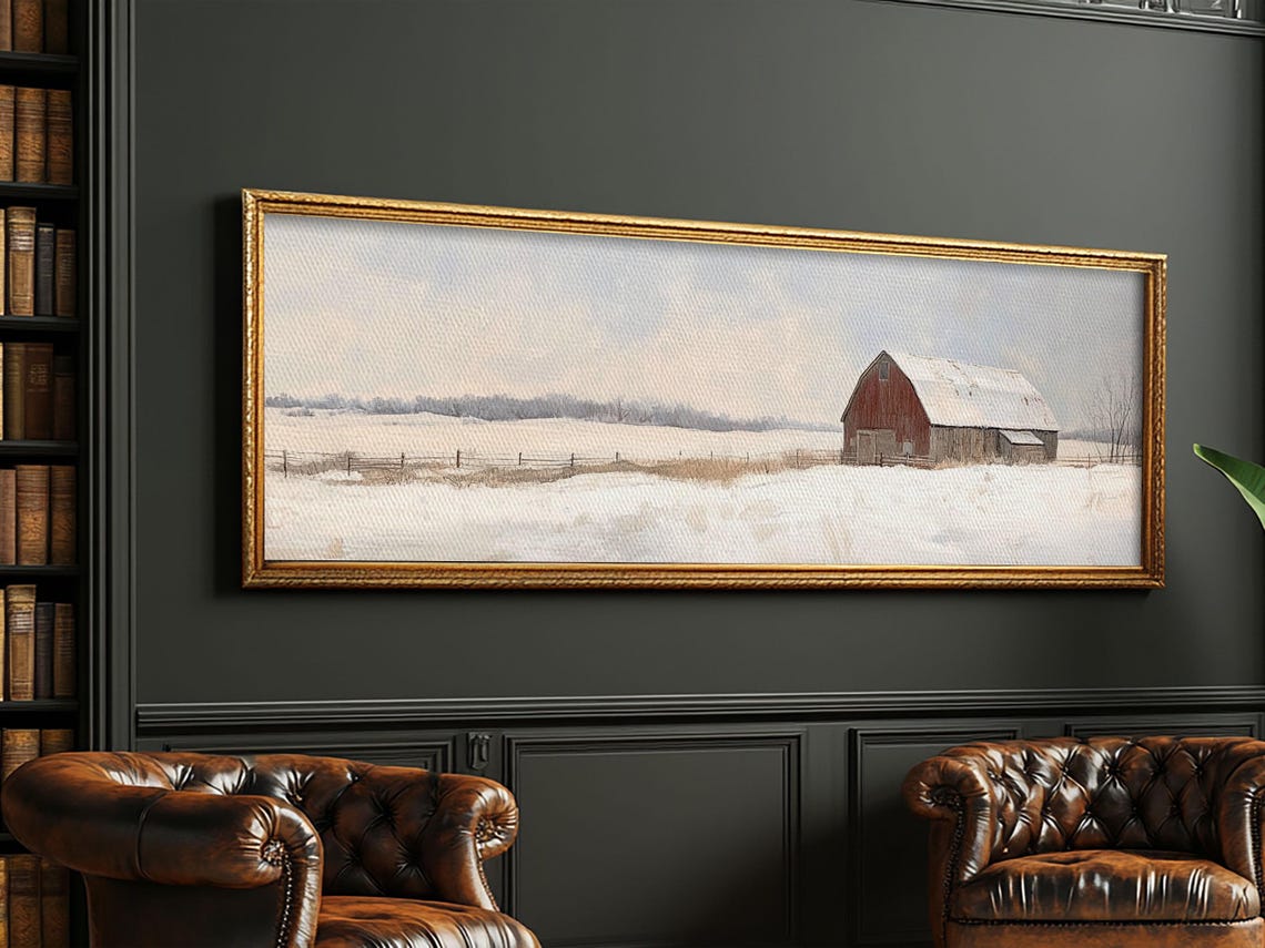Red Barn Winter Snowy Field Panoramic Farmhouse Landscape Art Poster