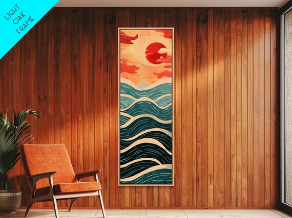 Red Sun Over Layered Teal Ocean Waves Japanese Seigaiha Style Tall Poster