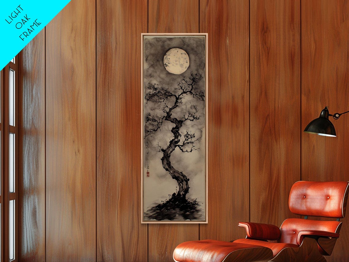 Gnarled Ink Tree Under Pale Moon Japanese Grayscale Zen Art Poster - Image 2