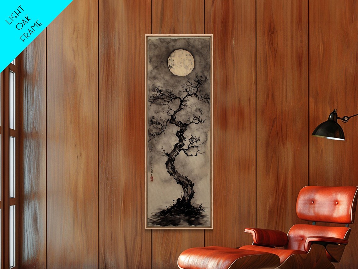 Print Moon And Tree Painting Mystical Wabi Sabi Wall Art Japanese Inspired Rustic Decor Above Bed Wall Art Gift Him - Image 2