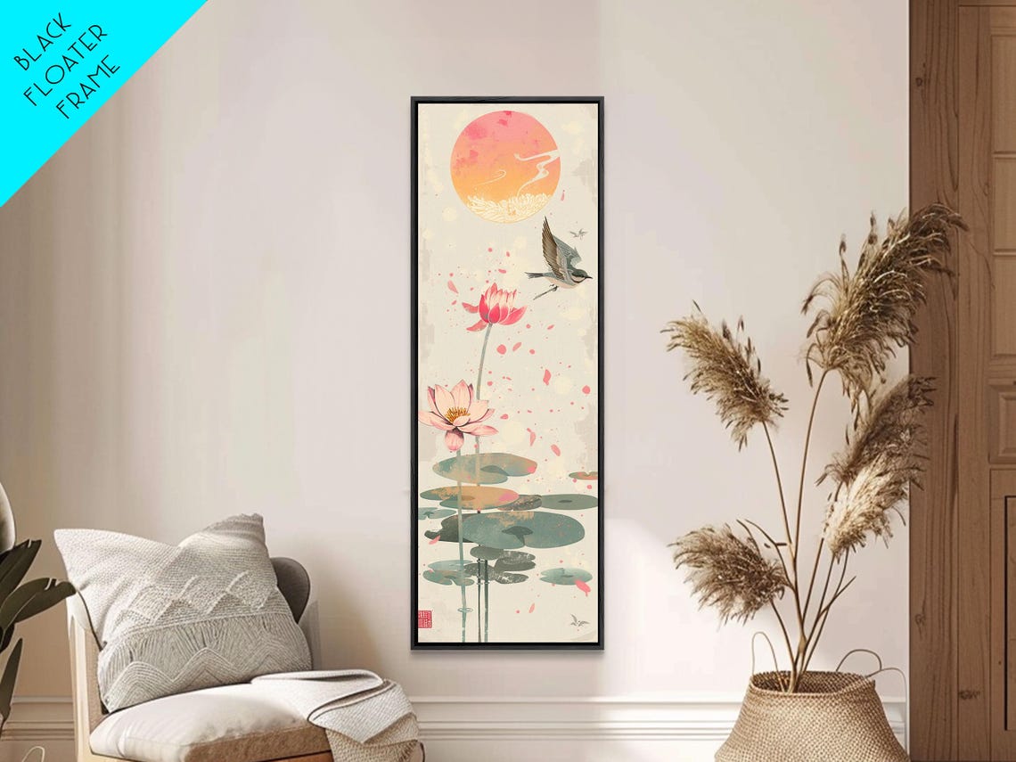 Pink Lotus Flowers Bird Red Sun Lily Pads Japanese Art Poster - Image 4
