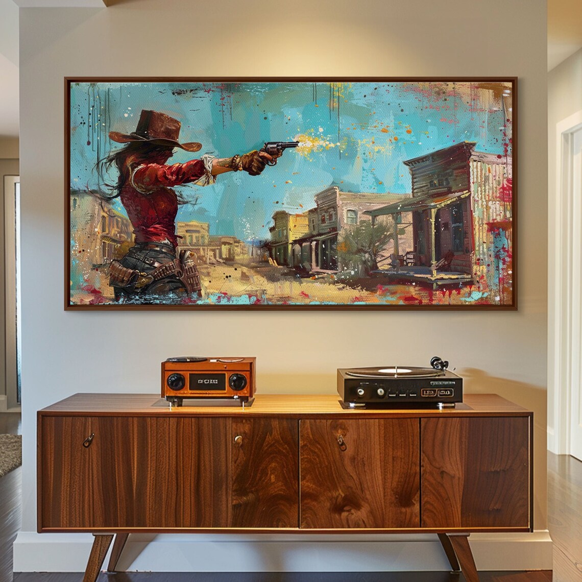 Western Woman With Revolver, Colorful Town Art Print - Image 5