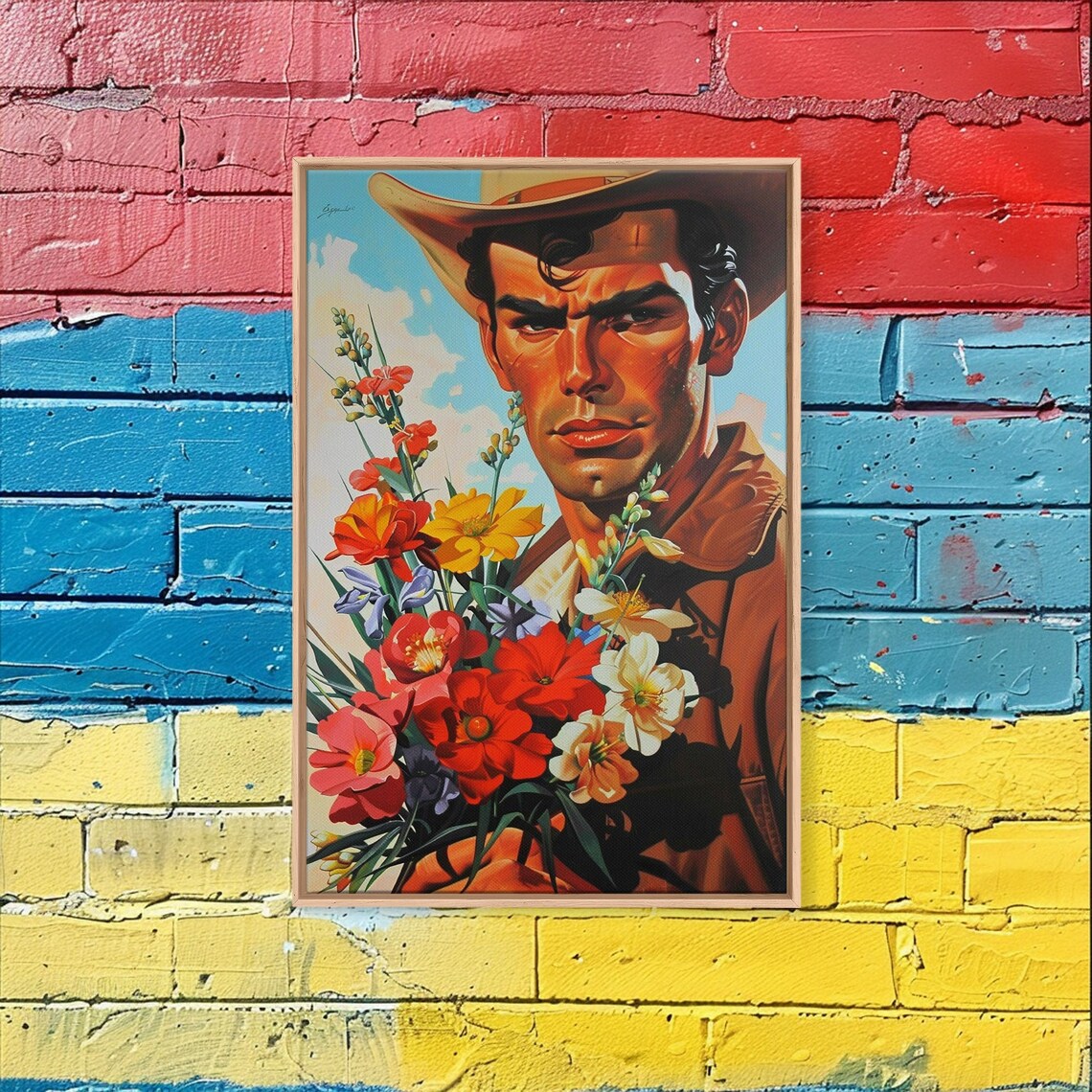 Cowboy Holding Bouquet Of Wildflowers Western Portrait Art Poster - Image 3