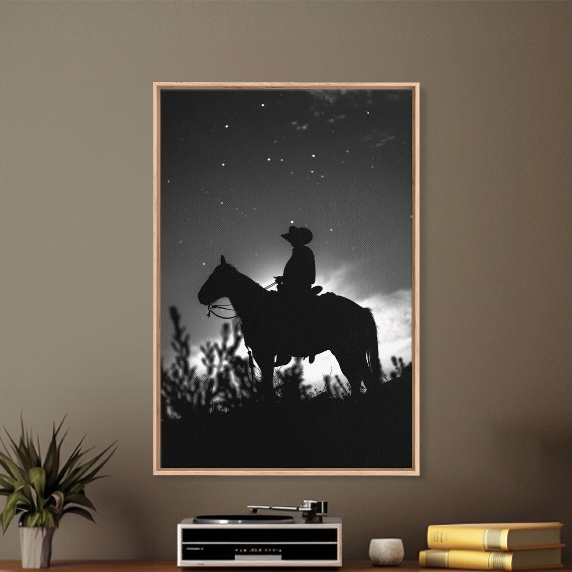 Cowboy On Horseback Under Starry Night Sky Art Print - Image 2