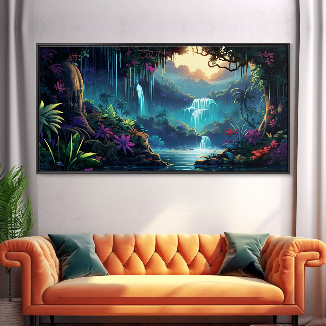 Fantasy Forest Waterfalls Art Print, Panoramic Landscape
