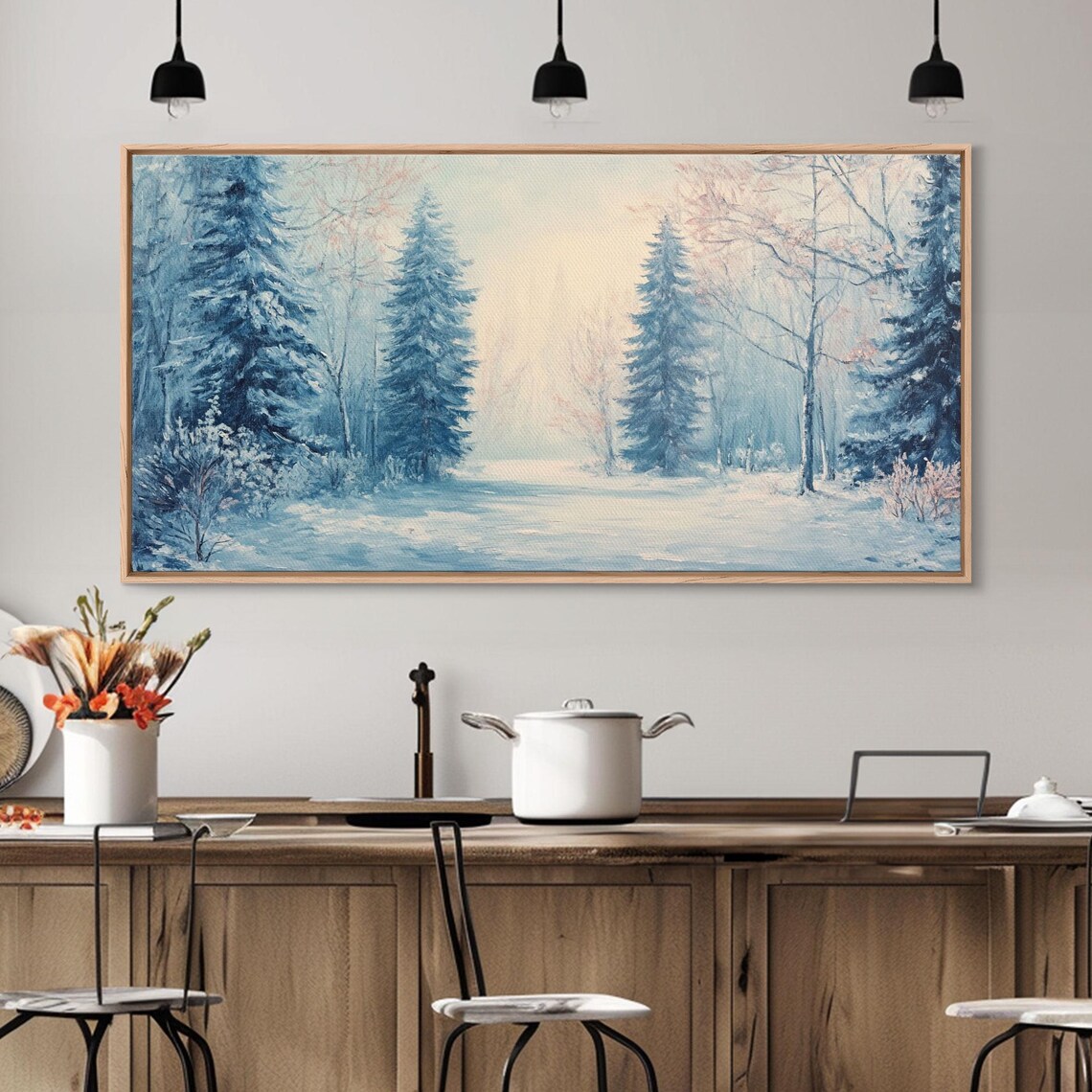 Winter Wonderland Watercolor Blue Snowy Pines Frosty Forest Poster