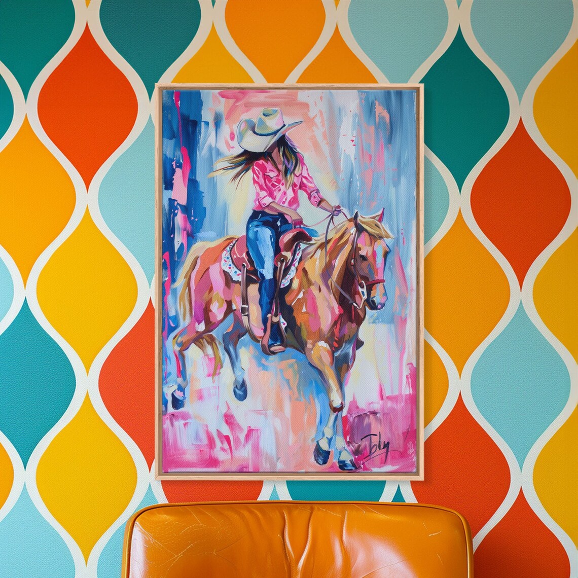 Stylish Cowgirl Riding Horse, Colorful Western Art Print - Image 3