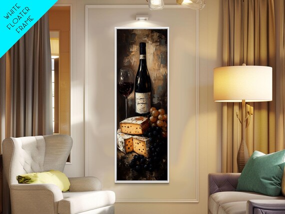 Red Wine Bottle Glass Cheese Grapes Moody Oil Painting Wall Art