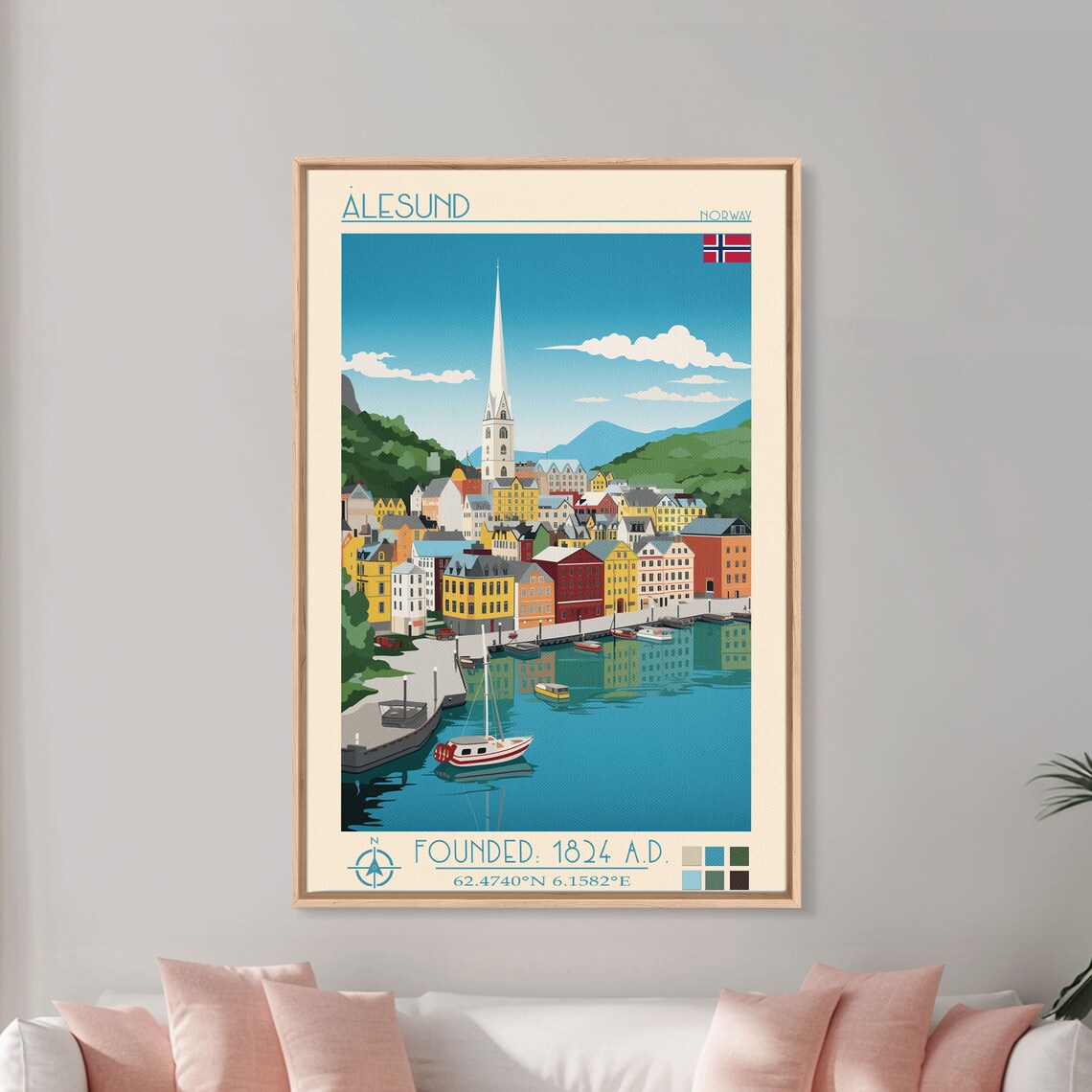Alesund Norway Colorful Harbor Church Spire View Travel Poster