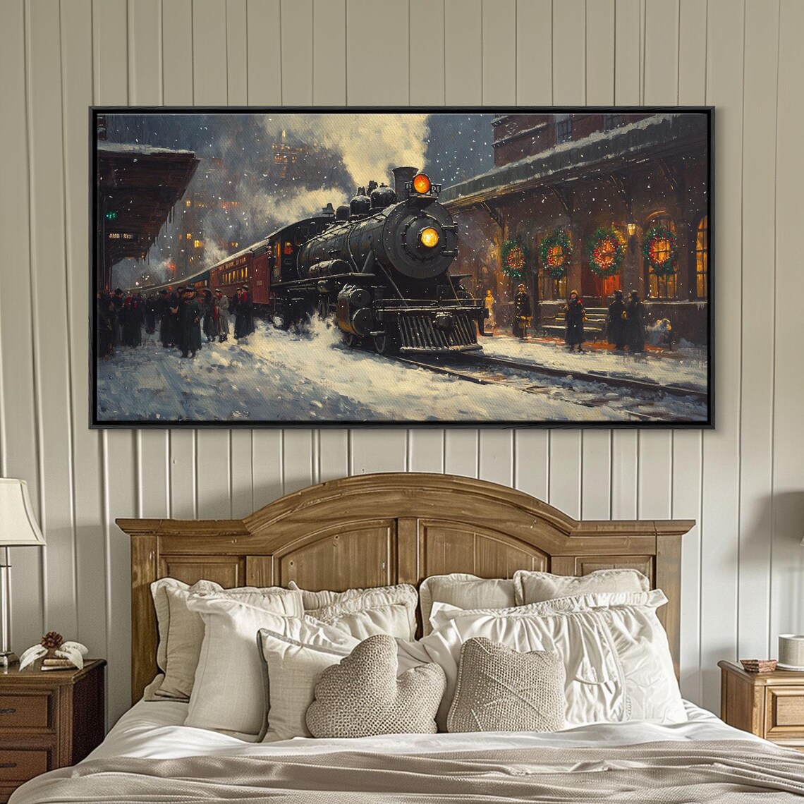 Steam Train Arriving At A Snowy Station On Christmas Eve Art Print - Image 6