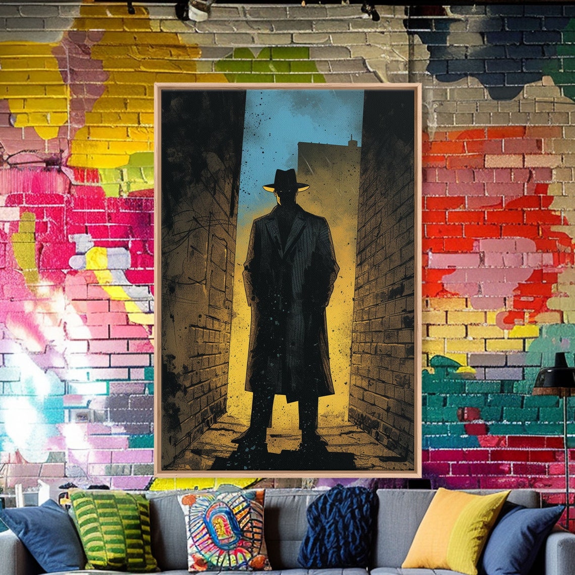 Comic Detective Alley Night Silhouette Fedora Trench Noir Wall Art - Image 5