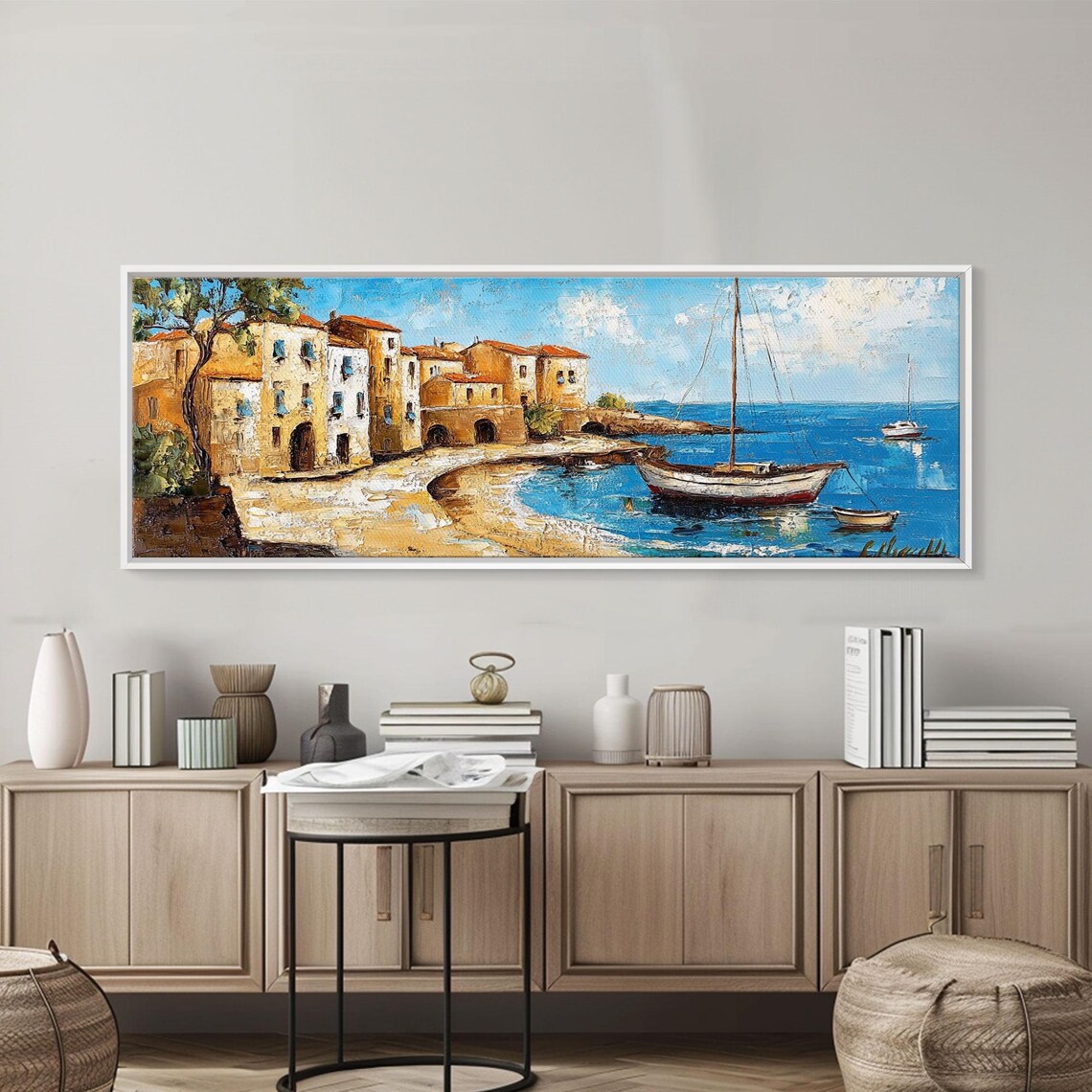 Mediterranean Coastal Village Harbor Fishing Boats Oil Travel Poster - Image 5