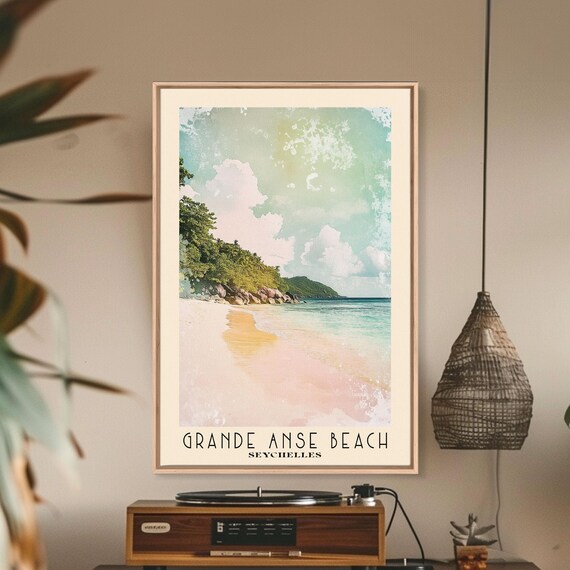 Grande Anse Beach Seychelles Pink Sand Granite Boulders Watercolor Poster