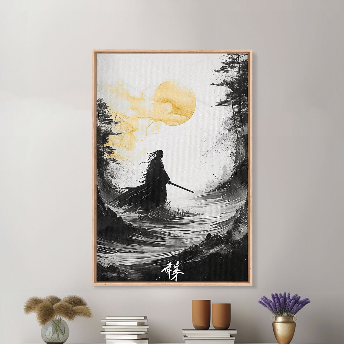 Samurai Silhouette Gold Moon Ocean Waves Ink Brush Japanese Wall Art - Image 3