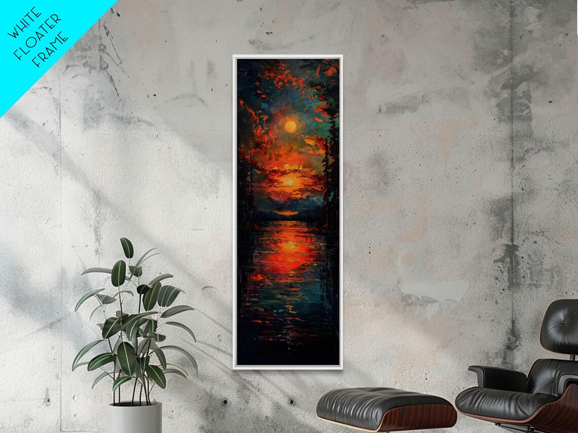 Glowing Sunset Over Dark Lake Water Impasto Moody Evening Sky Poster - Image 2