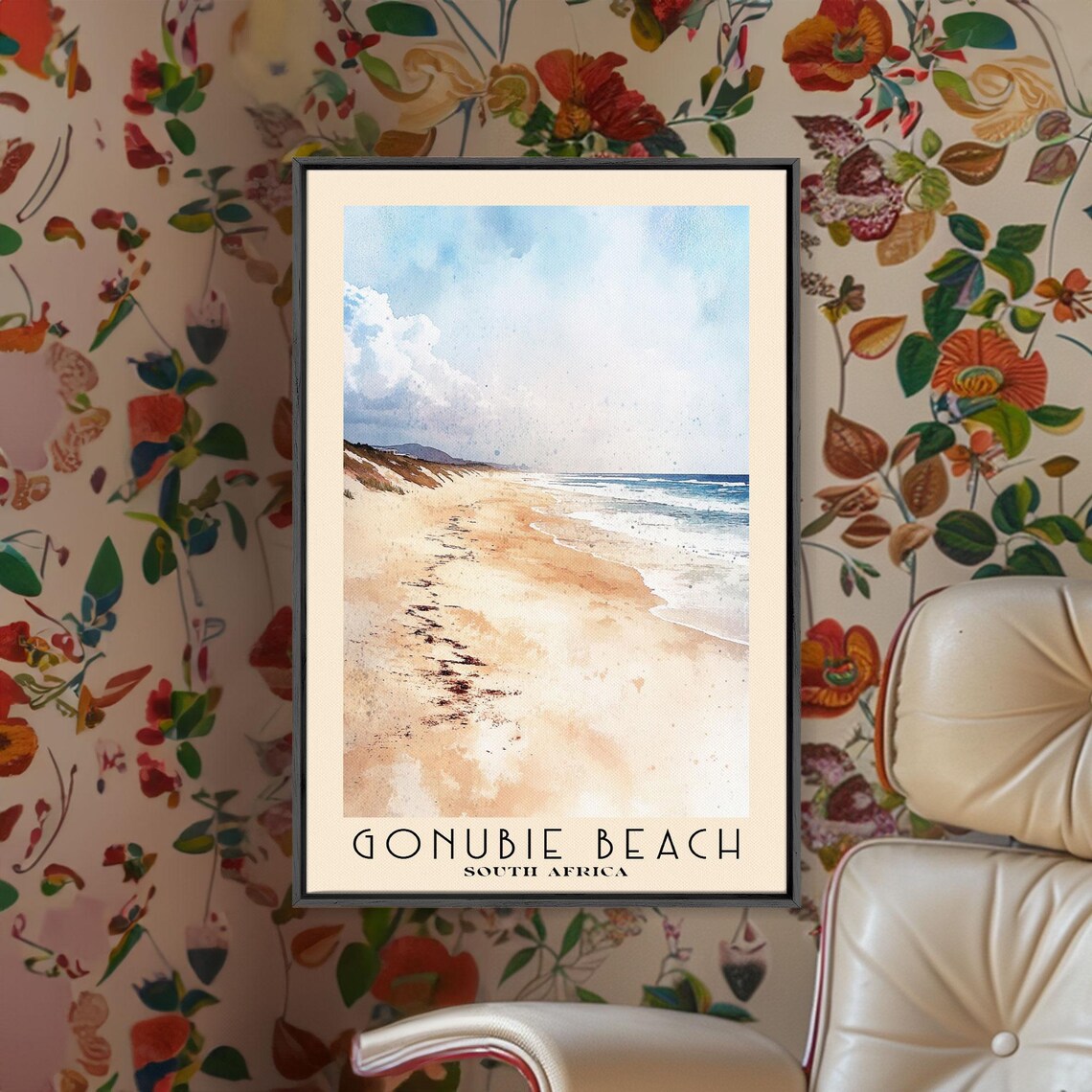 Gonubie Beach South Africa Long Pale Sandy Shoreline Gentle Waves Watercolor Poster - Image 2