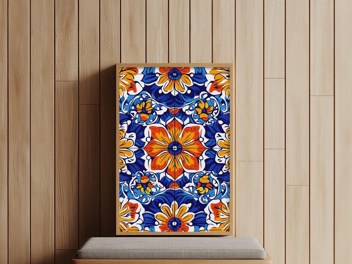 Mexican Talavera Tile Pattern Blue Orange Floral Folk Vibrant Art Poster - Image 5